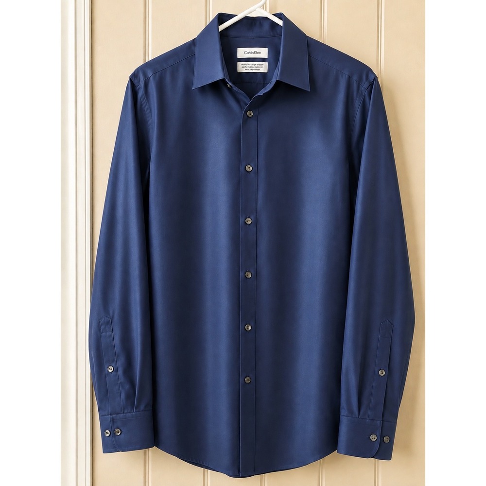 Calvin Klein Mens Slim Fit Performance Non-Iron Herringbone Dress Shirt Navy